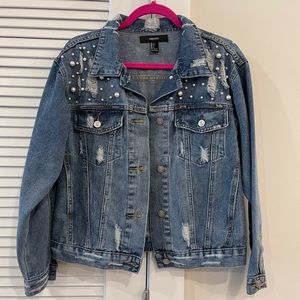Distressed Pearl Embellished Denim Jacket